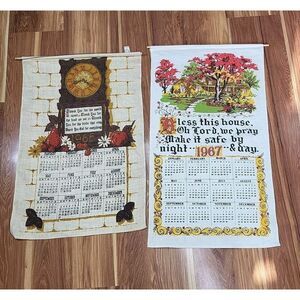 1965 1967 Linen Tea Towel Calendar Wall Hangings Lot Of 2 Tapestry Clock Pear